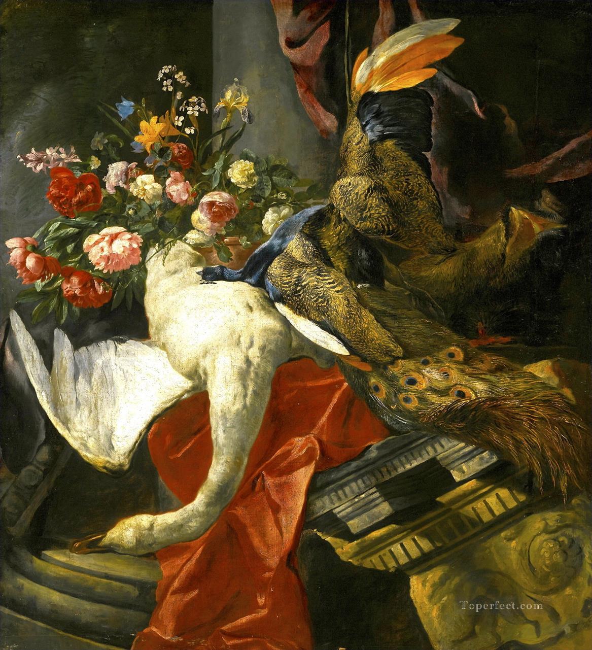 cisne muerto pavo real y flores pájaros Pintura al óleo